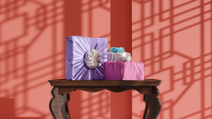 한국 전통 창문을 배경으로 한 보자기에 쌓여있는 선물