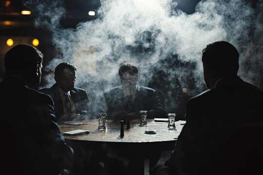 Men in suits shrouded by mystery and smoke