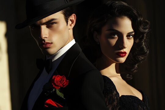 Stylish couple dressed in 1920s fashion with intense gaze