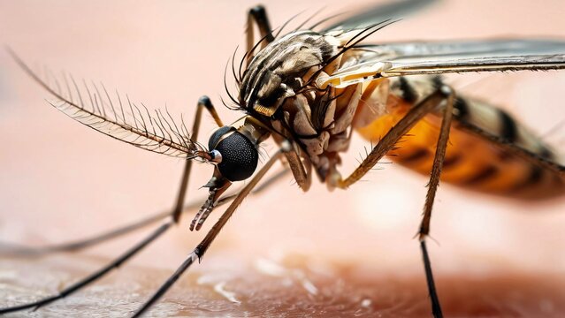 Close-Up of a Mosquito on Human Skin in the Wild, A Detailed Glimpse into Nature's Tiny Predator

