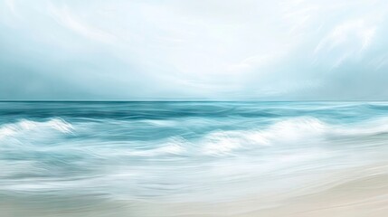 Tranquil beach waves create a serene atmosphere with gentle lapping water, perfect for capturing the essence of relaxation and tranquility. Ample copy space enhances the composition.