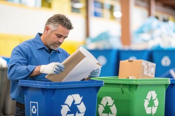 A man wearing gloves carefully sorts paper and cardboard into a recycling bin while working in a facility. The setting is bright and organized, with blue and green recycling bins visible in the backgr