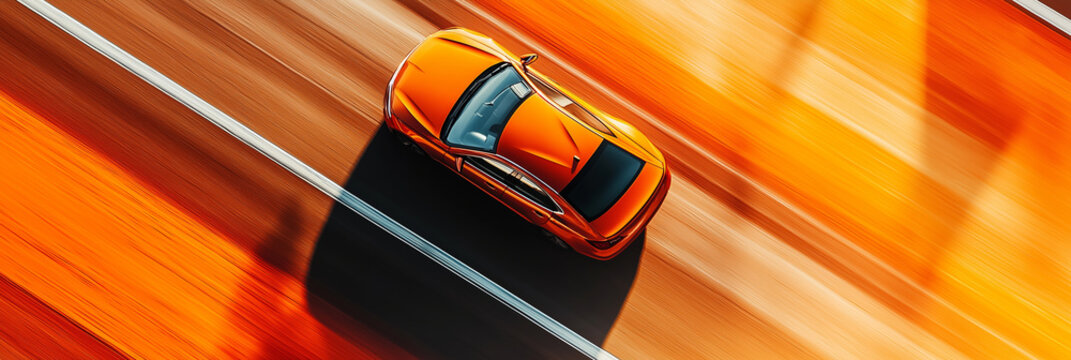 A stunning aerial view of a vibrant orange car in motion.