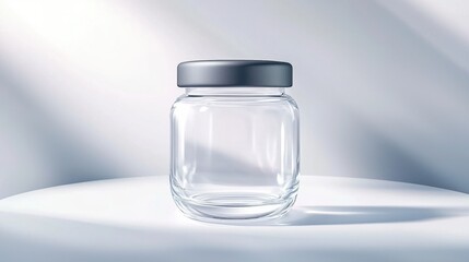 Minimalist food packaging mock up concept. Clear glass jar with a silver lid against a soft background