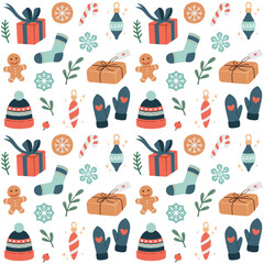 Christmas elements set. Cute Christmas winter decoration collection. Vector illustration with fir, gifts, cookies. Cute Christmas winter decoration collection. Flat design, cartoon style.