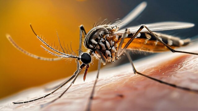 Close-Up of a Mosquito on Human Skin in the Wild, A Detailed Glimpse into Nature's Tiny Predator
