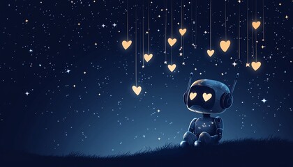 Fototapeta premium A charming robot sits beneath a vibrant digital canopy adorned with hearts, symbolizing the fusion of technology and affection in a celebration of Innovation love in Valentine's.