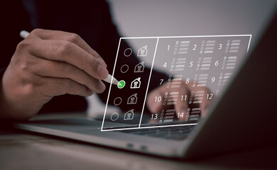 businessman carefully examines a house or contract, scrutinizing every detail to ensure an informed and profitable decision. focus guarantees success in renting, purchasing, or selling properties.
