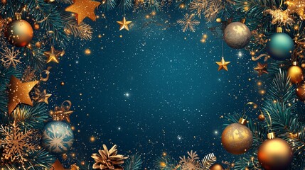 Fototapeta premium Festive Decorative Frame with Christmas Ornaments, Golden Stars, Snowflakes, and Pine Branches on a Sparkling Blue Background for Holiday Cheer