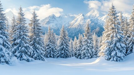 Fototapeta premium Beautiful winter landscape of a snow-covered forest in the mountains, presenting an ideal Christmas scene with snowy dendritic spruce trees and ample space for copy.