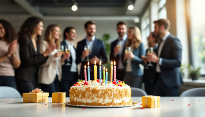 An office birthday celebration with a decorated cake and joyful colleagues.