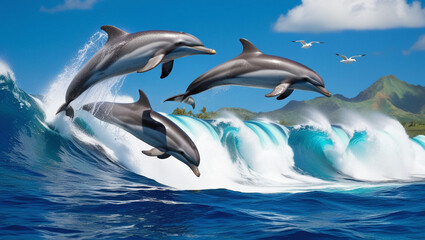 Playful dolphins jumping over breaking waves. Hawaii Pacific Ocean wildlife scenery. Marine animals in natural habitat.