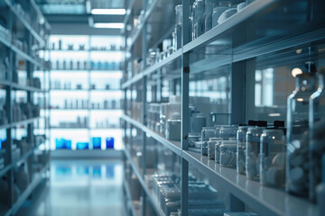 Fototapeta premium Pharmacy shelves with medicine and vitamins display