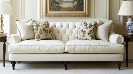 Bright cream-colored sofa provides a cozy setting, creating an inviting atmosphere in any room. This image of a plush cream sofa offers ample space for creativity and design.