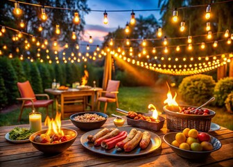 Night Photography of a Sizzling Barbecue Feast with Hot Dogs Grilling Outdoors Under Starry Sky
