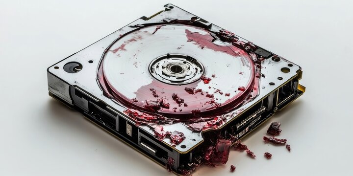 A hard drive is compromised, featuring a malfunctioning arm and a damaged magnetic disk. This drive is severely affected.