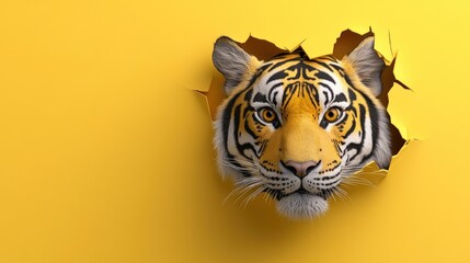 Tiger Breaking Through a Vibrant Yellow Wall with a Bold and Eye-Catching Design Ideal for Custom Advertising and Messaging Opportunities