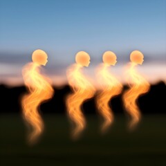 Ethereal figures in motion against a sunset backdrop