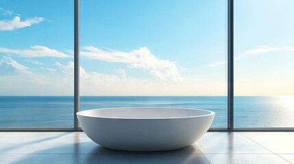 Fototapeta premium Luxurious white bathtub positioned elegantly against a breathtaking sea view, embodying relaxation and tranquility, with ample copy space for creative use.