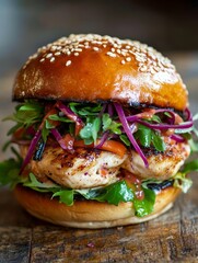 Delicious Homemade Chicken Burger with Fresh Greens - Juicy grilled chicken, fresh greens, vibrant slaw, and a sesame bun.  Homemade, healthy, flavorful. Perfect meal.
