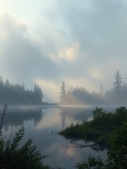 Fototapeta premium A misty lake landscape in early morning with soft light peeking through the trees and creating a sense of mystery, peaceful morning, serene atmosphere, natural scenery, lake scenery