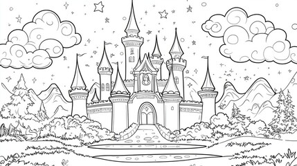 Obraz premium Coloring page of Enchanted Castle Outline with Majestic Towers, Clouds, Stars, and Scenic Landscape for Creative Activities and Coloring Books