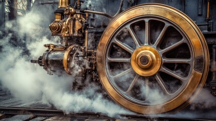 Close-up of a steam locomotive wheel with steam billowing.