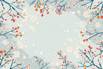 Background of light blue with simple winter snowflakes and snowtree brunches framing the edges, in the style of cartoon.