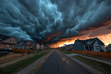 Weather warning. A dramatic scene featuring dark, swirling storm clouds illuminated by a vibrant sunset over a quiet residential street.