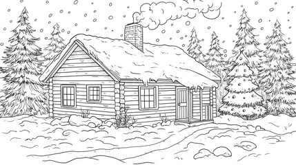 Obraz premium Coloring page of Cozy Winter Cabin Surrounded by Snowy Pine Trees with Smoke Rising from the Chimney in a Beautiful Winter Wonderland Scene