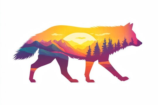 Vibrant Wolf Silhouette with Sunset and Forest Landscape - Artistic Wildlife Illustration for Nature and Adventure Themes