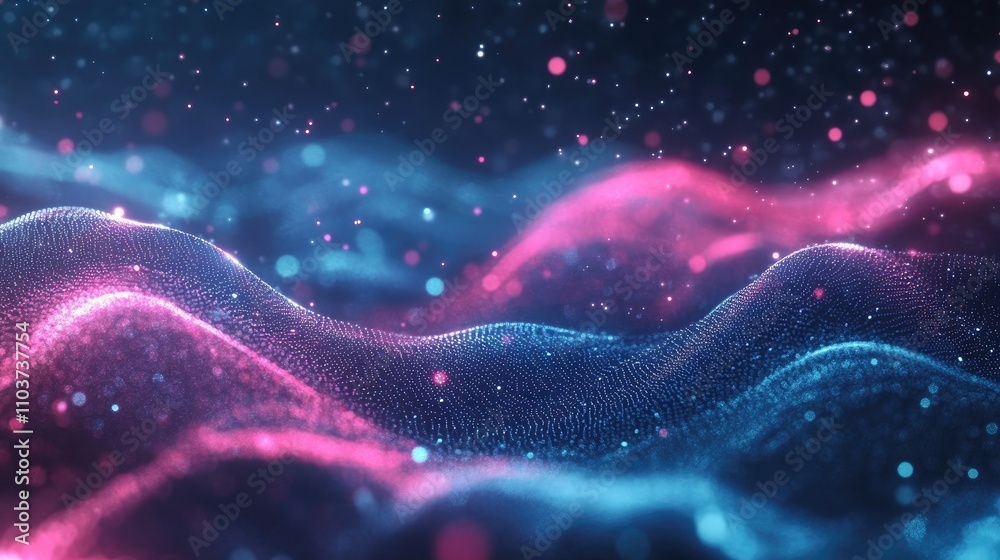 Poster Vibrant abstract background with glowing pink and blue neon wave patterns creating a sense of high-speed motion, enhanced by bokeh light effects for a striking wallpaper design.