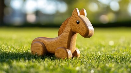 Wooden toy horse with smooth curves and shiny finish, positioned on vibrant green grass under soft sunlight, creating a charming and playful scene.