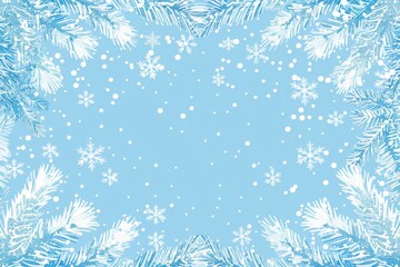 Background of light blue with simple winter snowflakes and snowtree brunches framing the edges, in the style of cartoon.