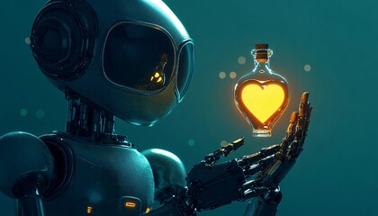 Fototapeta premium A futuristic robot cradles a glowing love potion, symbolizing the fusion of technology and romance in a celebration of innovation love for Valentine's Day.