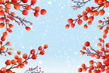 Background of light blue with simple winter snowflakes and snowtree brunches framing the edges, in the style of cartoon.