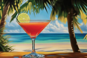 Tropical cocktail, beach, palm trees, relaxation.