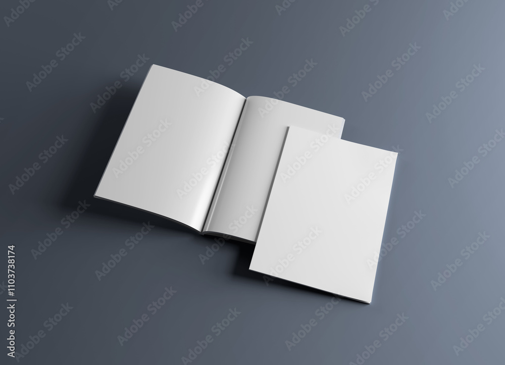 Wall mural isolated magazine cover and open magazine mockup on grey background with soft shadows. 3d rendering
