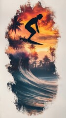 Naklejka premium A silhouette of a surfer balancing on a breaking wave, their body infused with the colors of a radiant sunset and the calm presence of palm trees in a captivating double exposure.