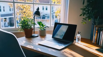Sunlit Workspace with Laptop, Plants, and Books - A Realistic Image