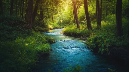 Obraz premium Tranquil forest stream meandering through lush greenery, offering flowing blue waters that create a serene atmosphere. Perfect for nature and landscape photography with ample copy space.