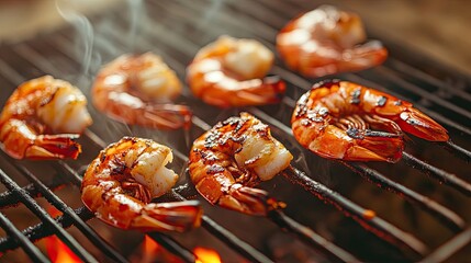 Grilled prawns cooking on a barbecue, delicious prawn dish sizzling with flavor. Perfectly prepared prawns create a tempting meal, with ample copy space for culinary designs.