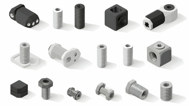 Isometric Illustration, Collection of Industrial Fasteners, Bolts, and Connectors for Engineering Designs