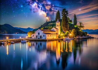 Fototapeta premium Night Photography of Pontikonisi and Vlacheraina Monastery in Corfu, Greece, Capturing the Tranquil Reflections on the Water Under a Starry Sky with Illuminated Architecture