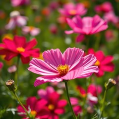 Obraz premium Close-up of a single cosmos flower blossom in a garden bed , delicate petals, tiny blooms, gardening