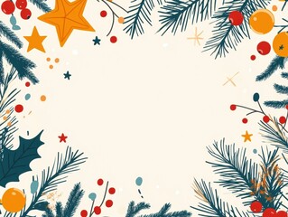 Christmas frame background with pine branches, stars, and decorations.
