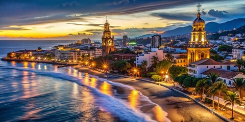 Fototapeta premium Night Photography of Puerto Vallarta's Parish Our Lady of Guadalupe, Illuminated near the Malecon with Beaches and Historic City Center Ambiance