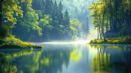 Obraz premium A tranquil lake reflects soft morning light with vibrant green trees surrounding it, creating a serene atmosphere. This serene lake offers ample space for relaxation and reflection.