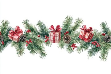 Christmas-themed background with pine branches, stars, and decorations on a white background.