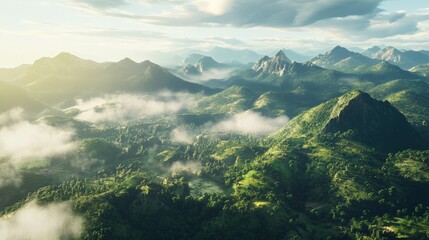 Obraz premium Aerial view capturing the majestic mountains in a wilderness landscape, emphasizing the beauty of nature with a digital art style. Includes ample copy space for any text.